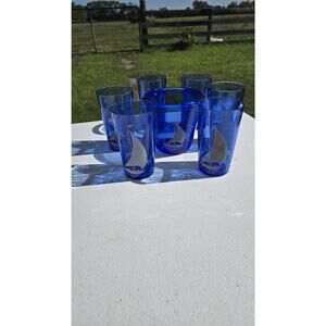 Hazel.Atlas Cobalt Blue Sailboat Set Ice Bucket and 6 Nautical Tumblers Coastal
